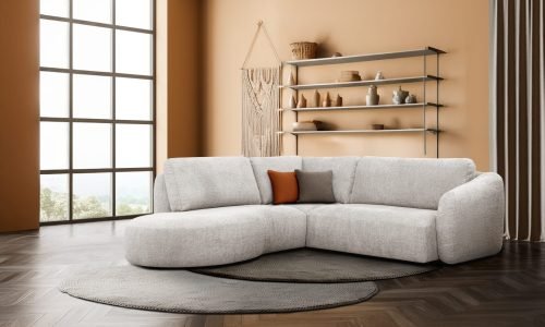 Corner of grey and sand beige living room interior with black wood floor. Modern design, using lamps, two coffee tables, L sofa and curtain. Skandinavian concept. 3d rendering
