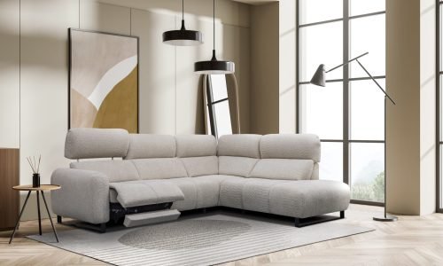 Lounge room interior with couch and armchair on carpet, coffee table and mirror, side view, panoramic window on countryside. Mock up blank canvas on beige wall, 3D rendering
